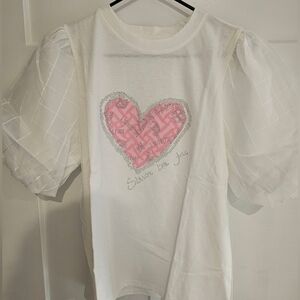 NWT Heart Rhinestone T-shirt Large White Pink Puff Sleeve